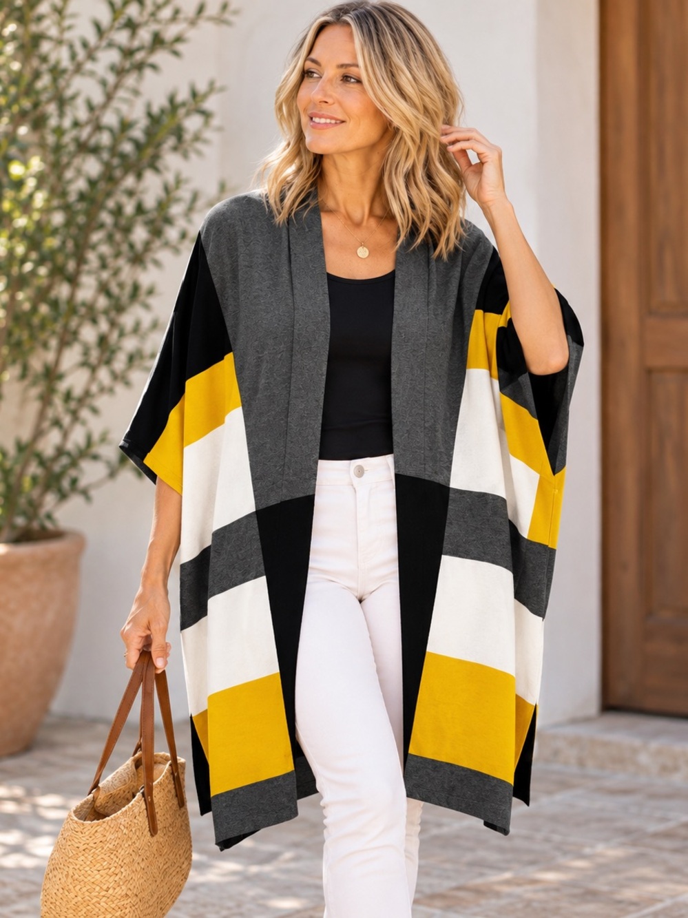 Masseys Colorblock Open Front Kimono Cardigan S/M Gray Mustard